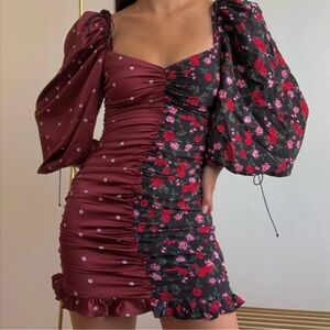 For Love & Lemons Cher Polka Dot and Roses Ruched Sweetheart Dress